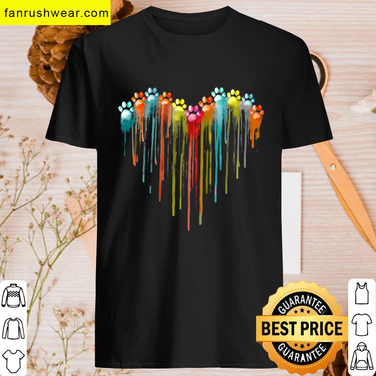Dog Paws Heart Watercolor Painting Heart Dog Paw Rainbow T-shirt