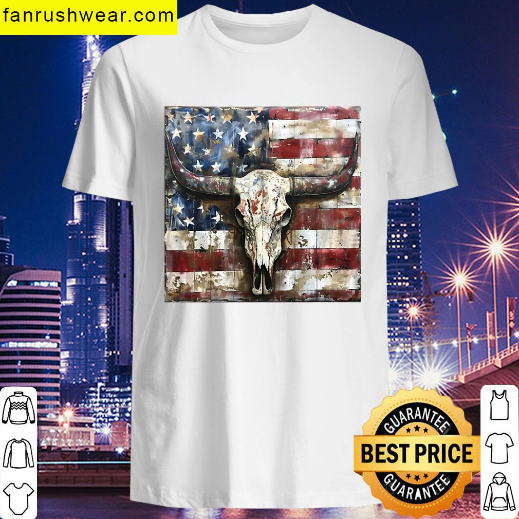 Patriotic American Flag Longhorn Skull Print T-shirt