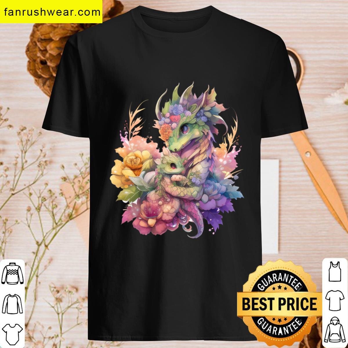 Rainbow Watercolor Mommy And Baby Dragon Kawaii Chibi Flowers T-shirt
